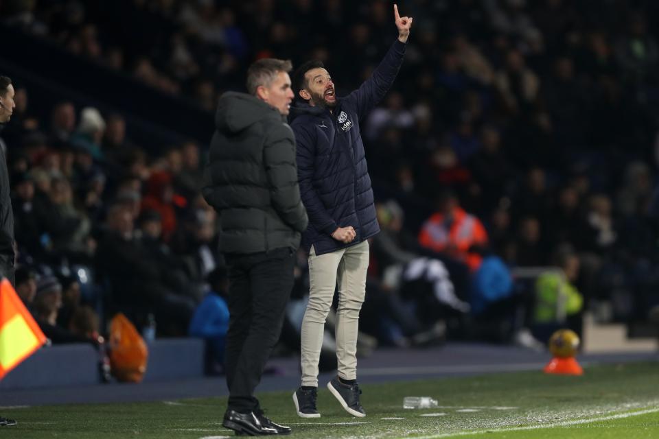 Kieran McKenna and Carlos Corberán on the touchline during Albion's clash with Ipswich 