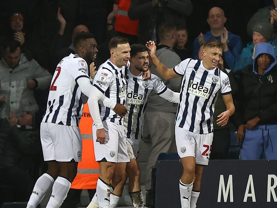 Albion players Daryl Dike, Andi Weimann, Alex Mowatt and Callum Marshall celebrate the winning goal against Blues