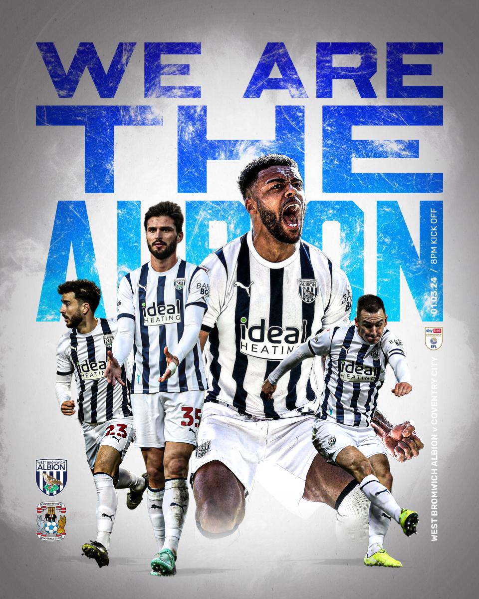 A pre-match graphic for Albion's game against Coventry City, with the text 'we are the Albion' behind Darnell Furlong, Okay Yokuslu, Jed Wallace and Mikey Johnston