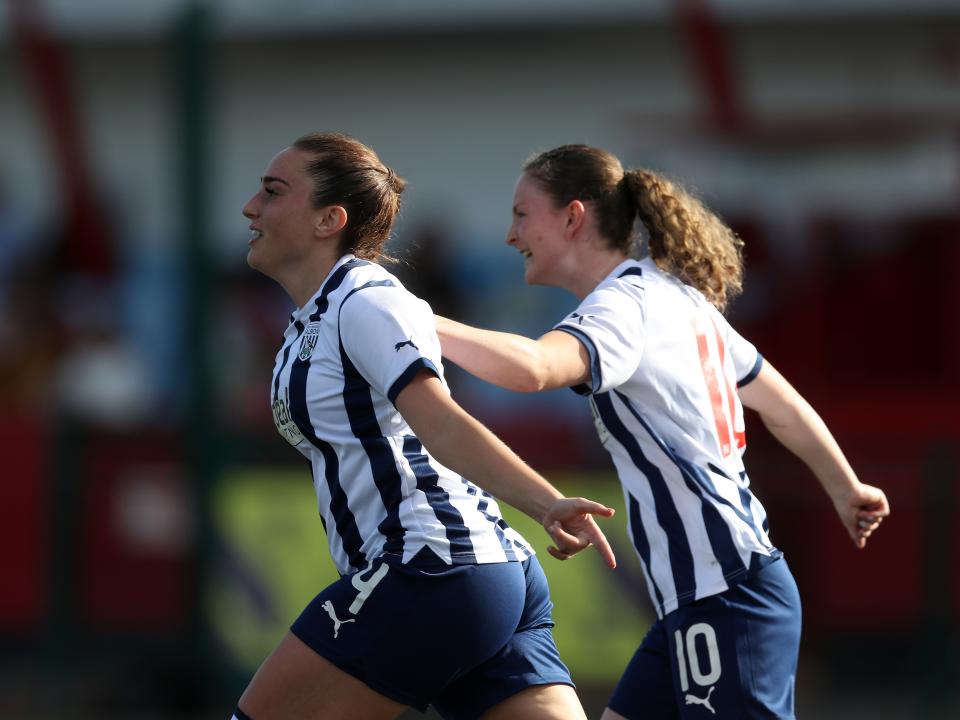 Olivia Rabjohn and Fran Orthodoxou celebrate an Albion Women goal