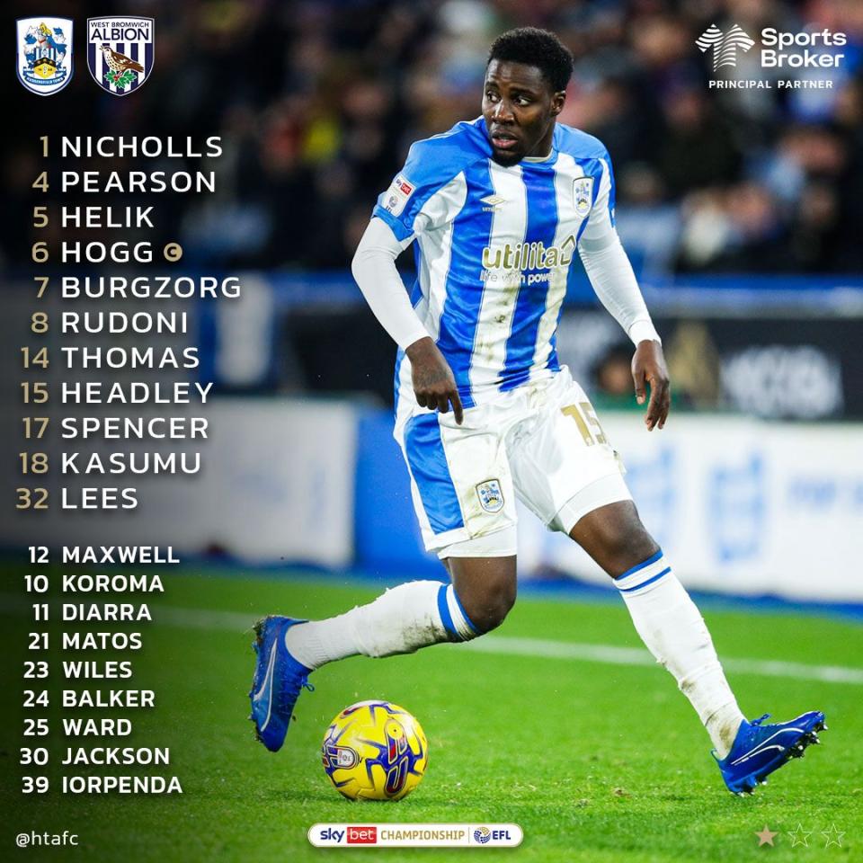 A graphic displaying Huddersfield's starting XI against Albion
