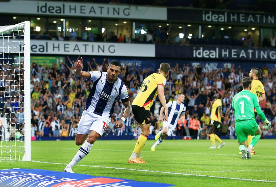 Karlan Grant celebrates scoring against Watford in August 2022