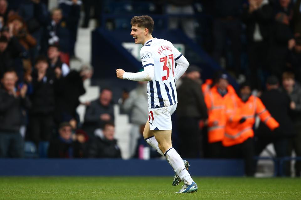 Tom Fellows celebrates scoring against Bristol City at The Hawthorns