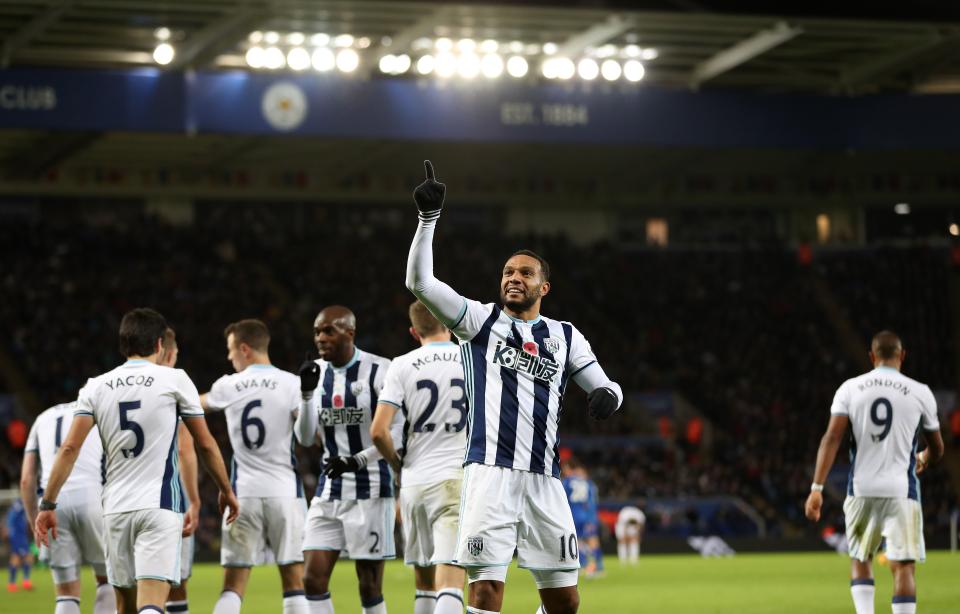 Matt Phillips celebrates after scoring for Albion at King Power Stadium in November 2016