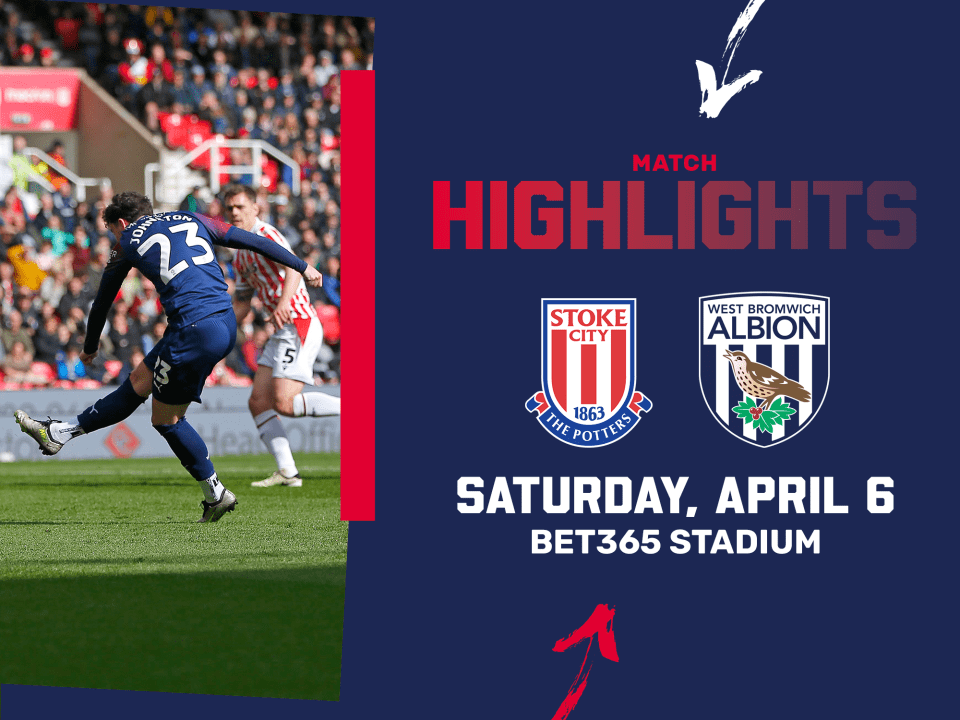 A match highlights photo graphic, in the 2023/24 away colours, and the club crests of Albion and Stoke City, showing an image of Mikey Johnston shooting at goal at the bet365 stadium