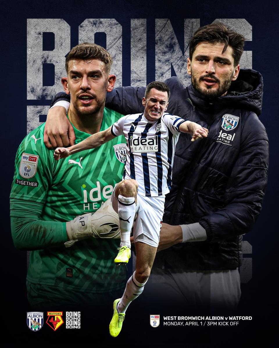 A matchday graphic featuring Alex Palmer, Jed Wallace and Okay Yokuslu for Albion's game against Watford