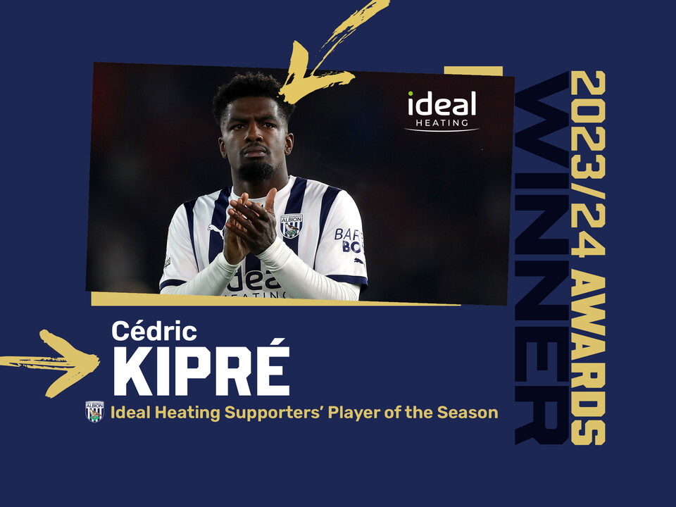 Cedric Kipre's Supporters' Player of the Season graphic with an image of him applauding supporters in the home kit 