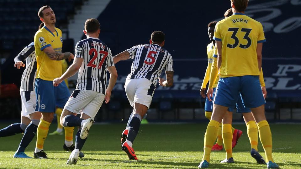 Kyle Bartley celebrates scoring against Brighton at The Hawthorns in February 2021