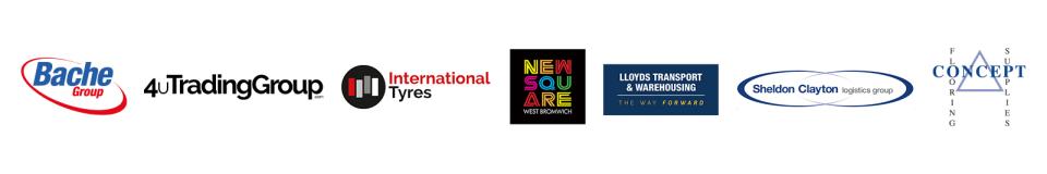 Events Sponsors logos - Bache Group, 4u Trading Group, International Tyres, New Square, Lloyds Transport & Warehousing, Sheldon and Clayton, Concept Flooring.