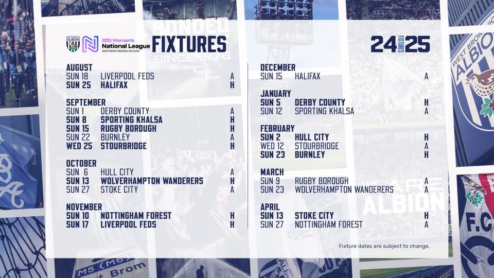 A graphic displaying Albion Women's fixtures for the 2024/25 campaign