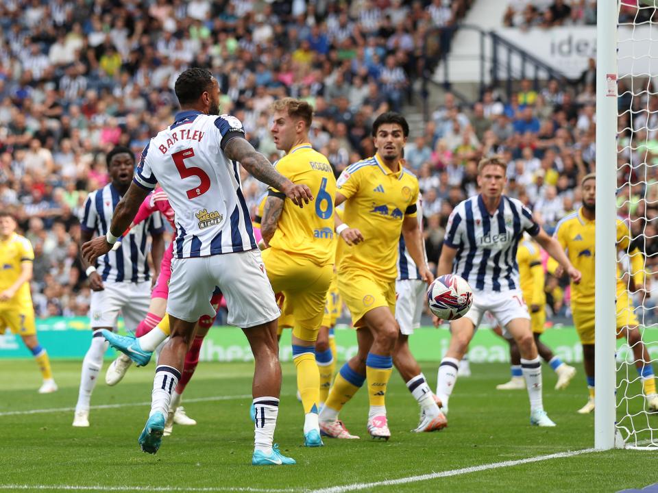 An image of Kyle Bartley guiding a chance wide against Leeds