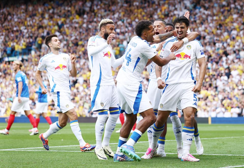 Leeds United celebrate scoring a goal against Portsmouth at Elland Road