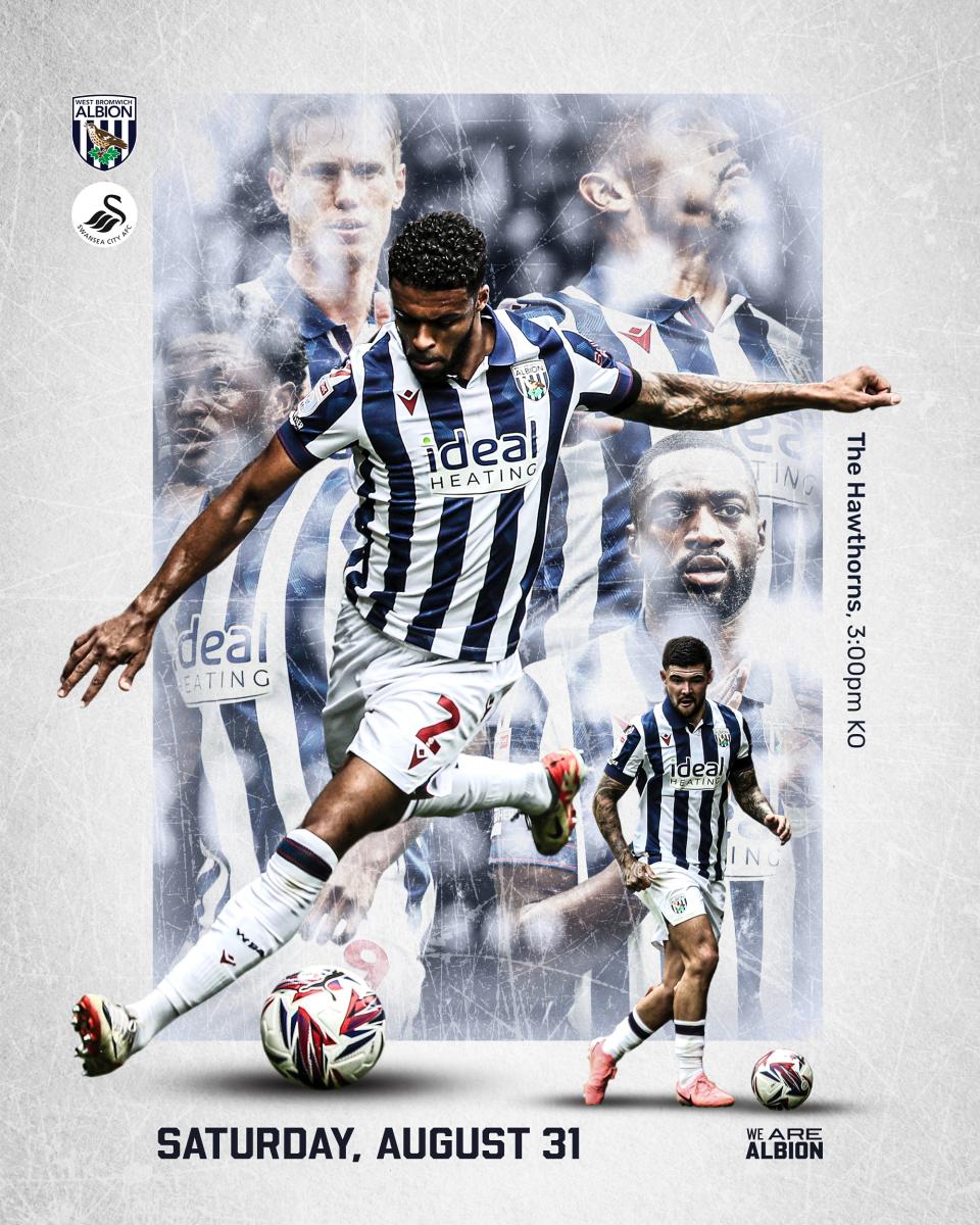 A graphic featuring Darnell Furlong, Alex Mowatt and more Albion players ahead of their match against Swansea