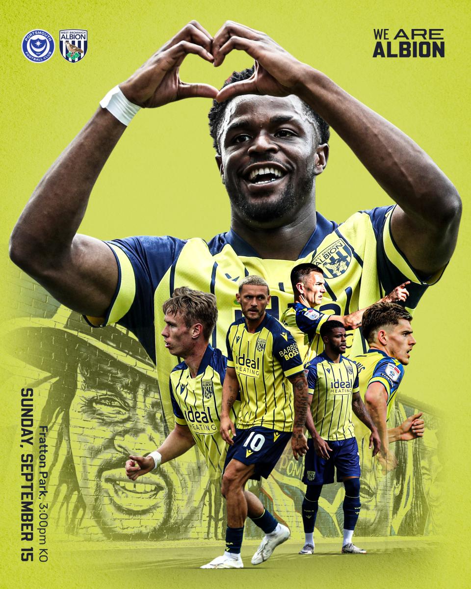A yellow graphic with Josh Maja and Albion teammates ahead of their match against Portsmouth (away)