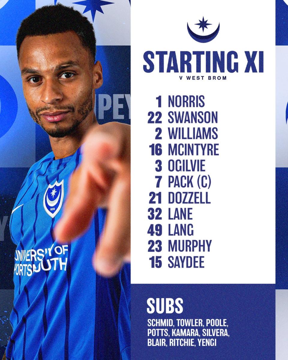 A graphic displaying Portsmouth's starting XI against Albion