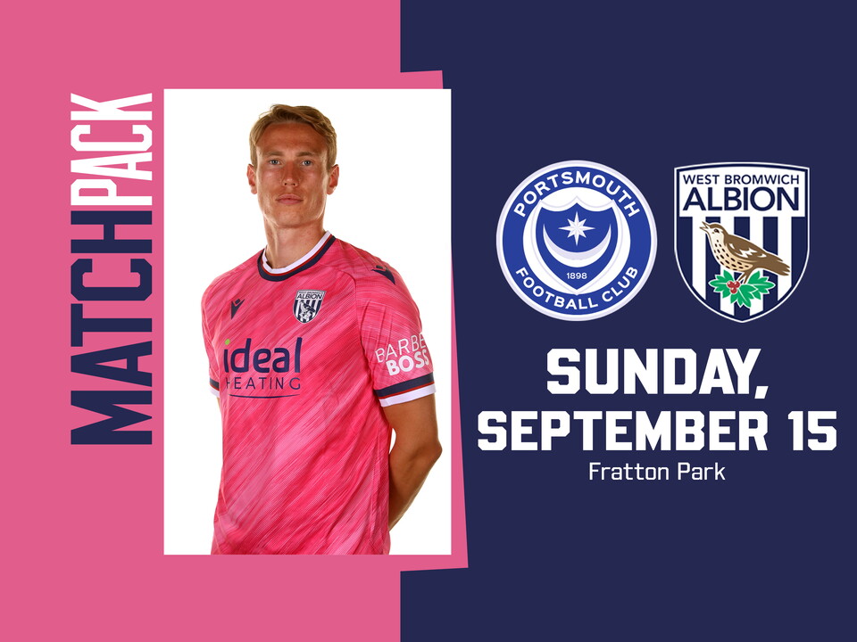 Portsmouth v Albion pink match pack graphic with both badges and an image of Torbjørn Heggem smiling at the camera wearing the pink away shirt 