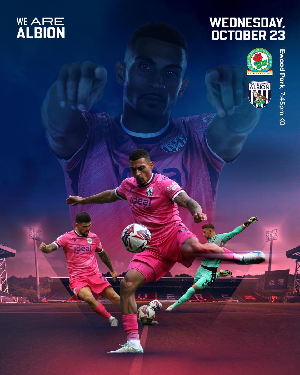 A pink matchday graphic featuring Karlan Grant as the main man ahead of Albion's game against Blackburn