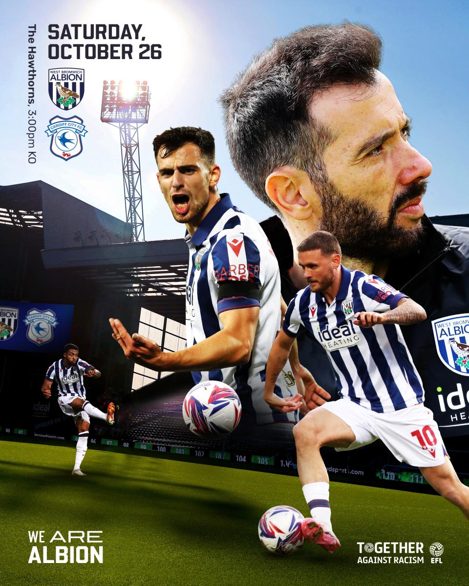 An matchday graphic set at The Hawthorns, featuring Jayson Molumby, John Swift and Carlos Corberan