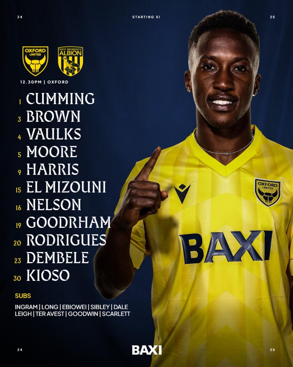 A graphic displaying Oxford's starting XI against Albion