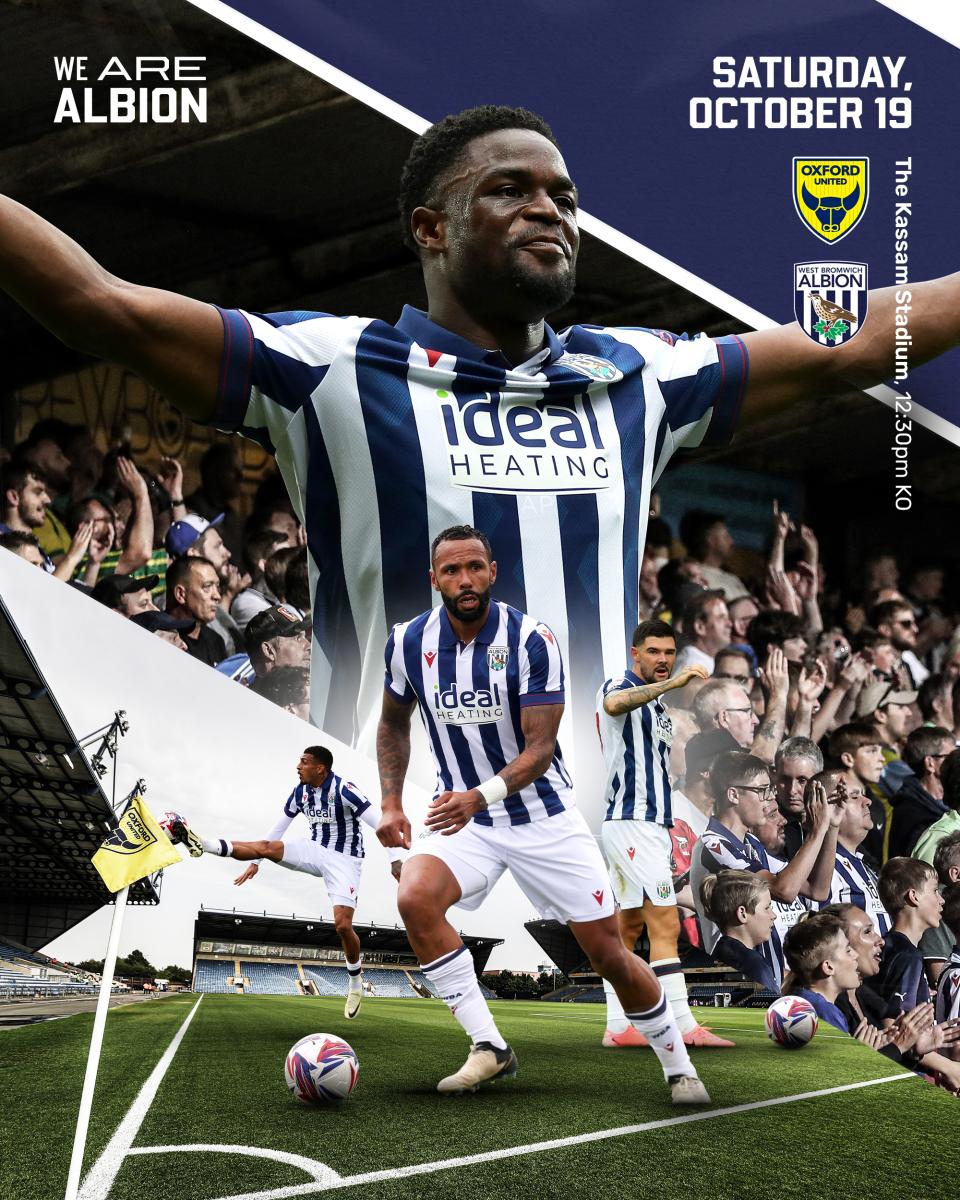 A pre-match graphic for Albion's match against Oxford, featuring Josh Maja, Kyle Bartley and Alex Mowatt