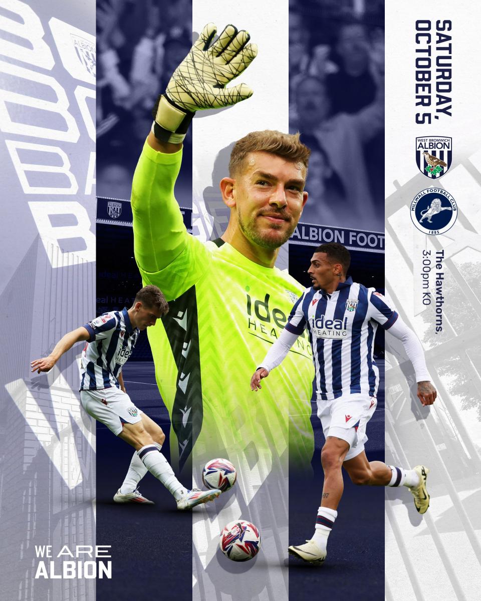 A matchday graphic, with Alex Palmer front and centre, for Albion's fixture against Millwall