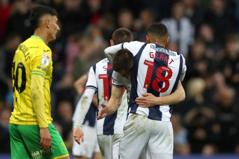 Karlan Grant celebrates with Jed Wallace after the latter's goal against Norwich at The Hawthorns in April 2023