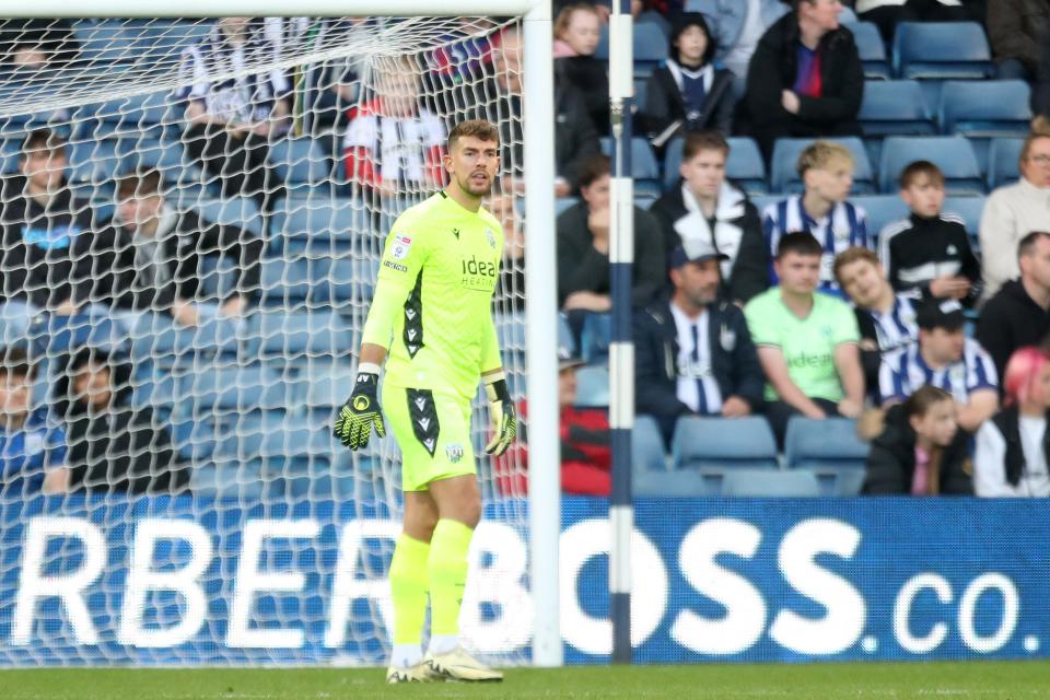 Alex Palmer in action for Albion at The Hawthorns in the yellow goalkeeper kit 