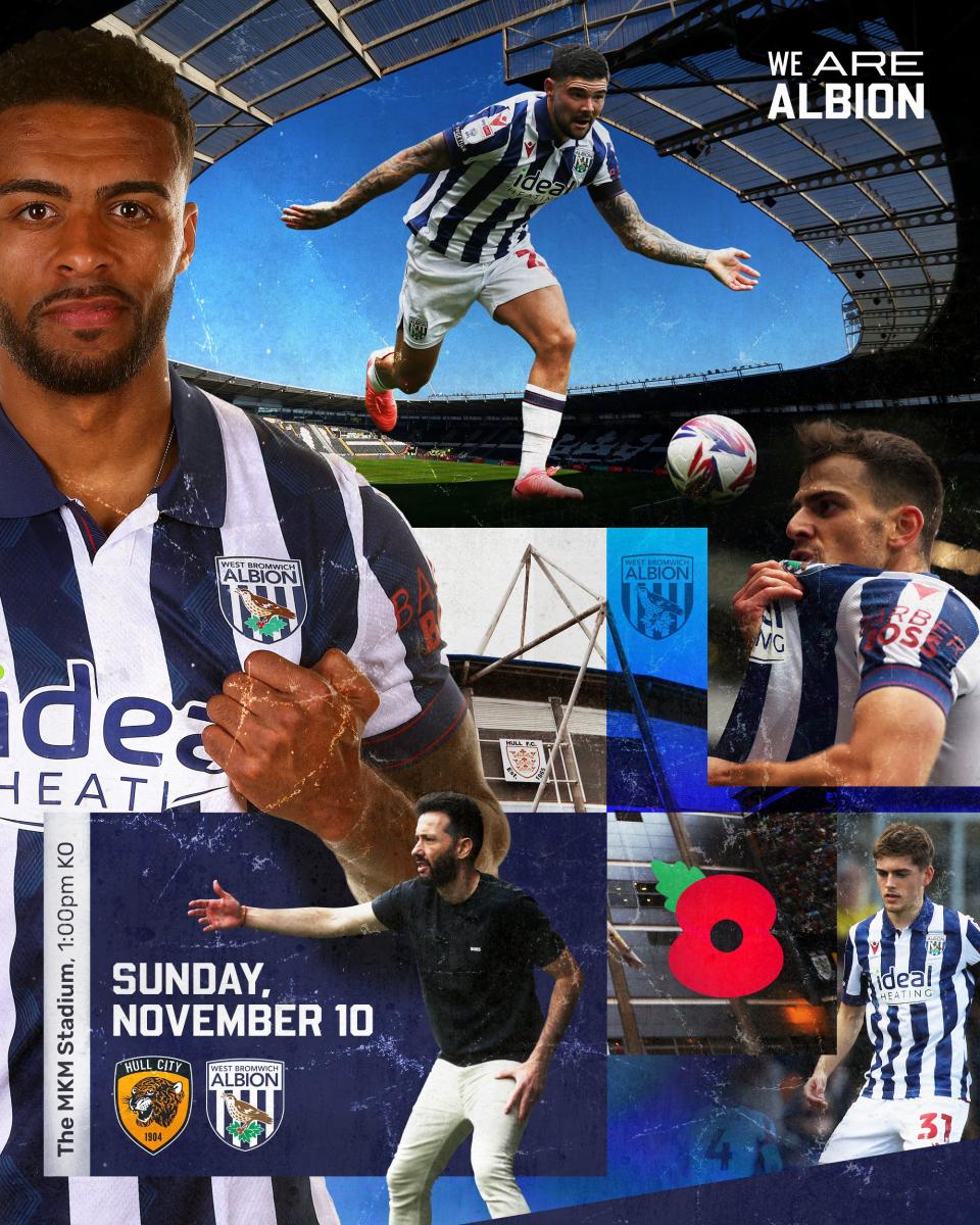 A matchday graphic for Albion's game against Hull, featuring a poppy, Darnell Furlong, Carlos Corberan, Jayson Molumby, and others