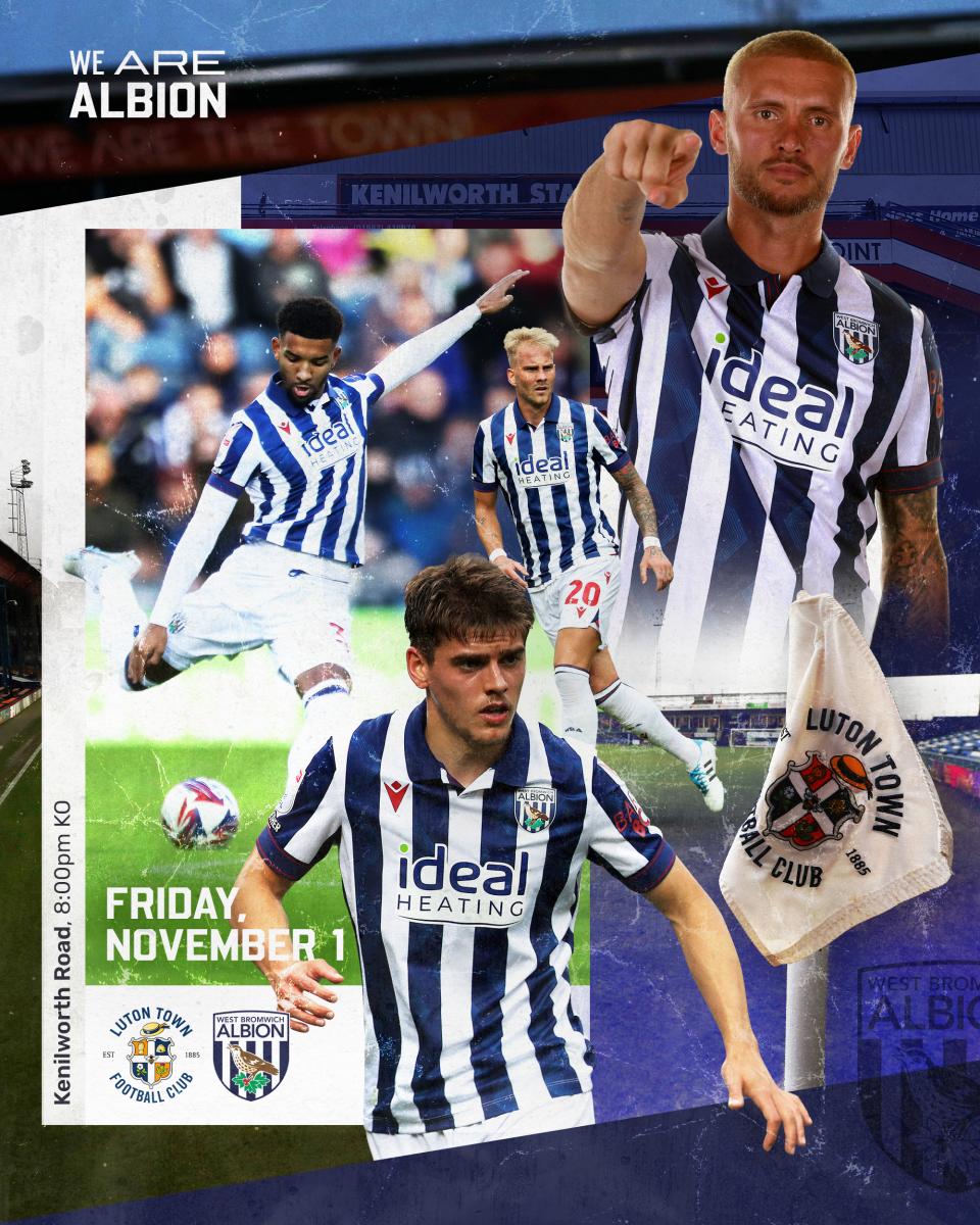 A matchday graphic for Albion's trip to Luton, featuring John Swift, Tom Fellows, Uros Racic and Mason Holgate