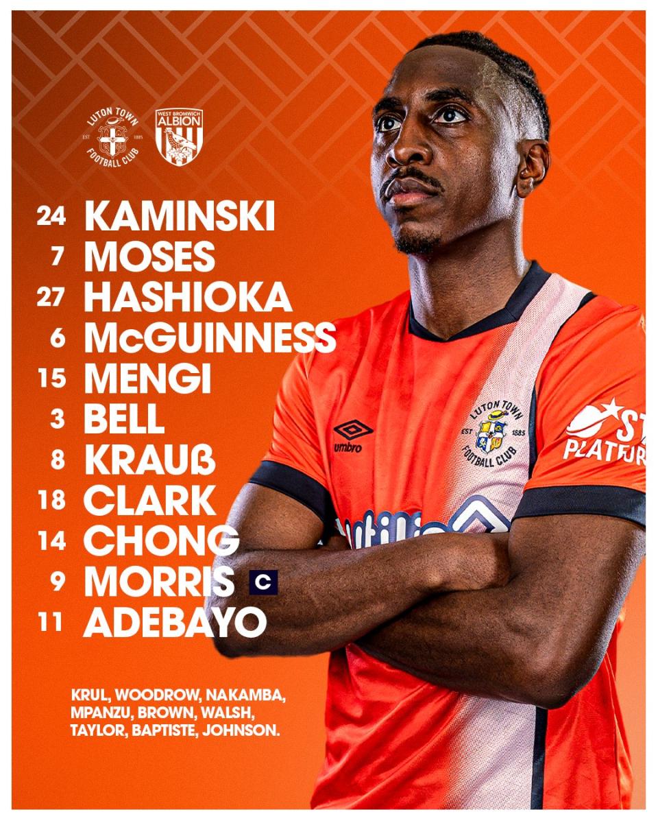 A graphic displaying Luton's starting XI against Albion