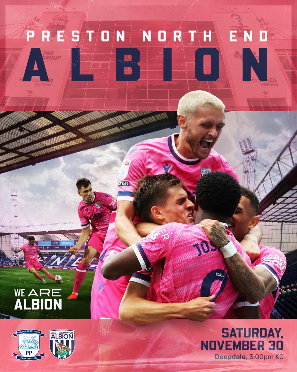 A pink matchday graphic featuring John Swift and his teammates ahead of Albion's match at Preston
