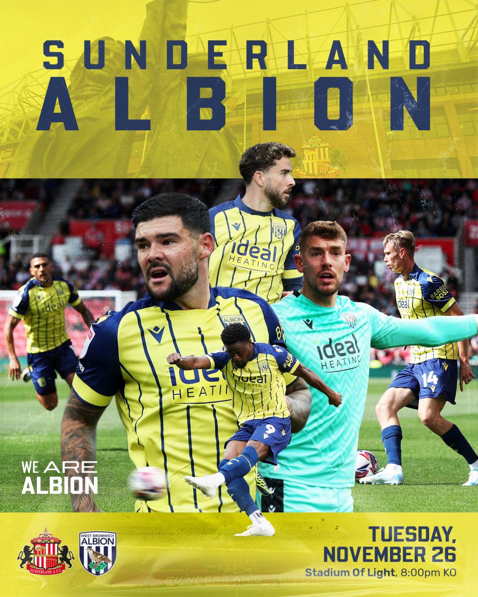 A yellow and blue matchday graphic featuring Albion players and details for the game against Sunderland