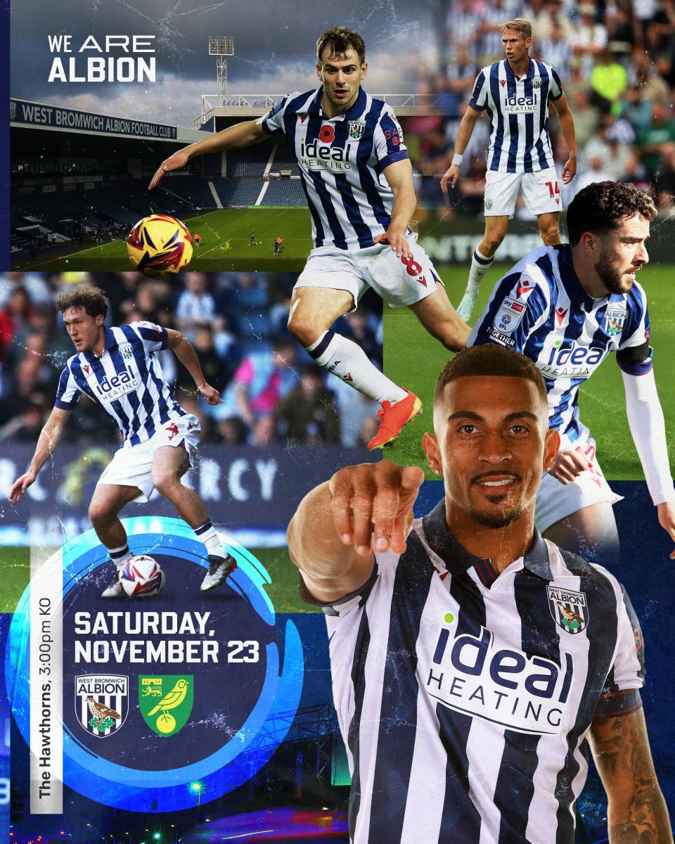 A matchday graphic with Karlan Grant, Callum Styles, Jayson Molumby and others for Albion's match against Norwich