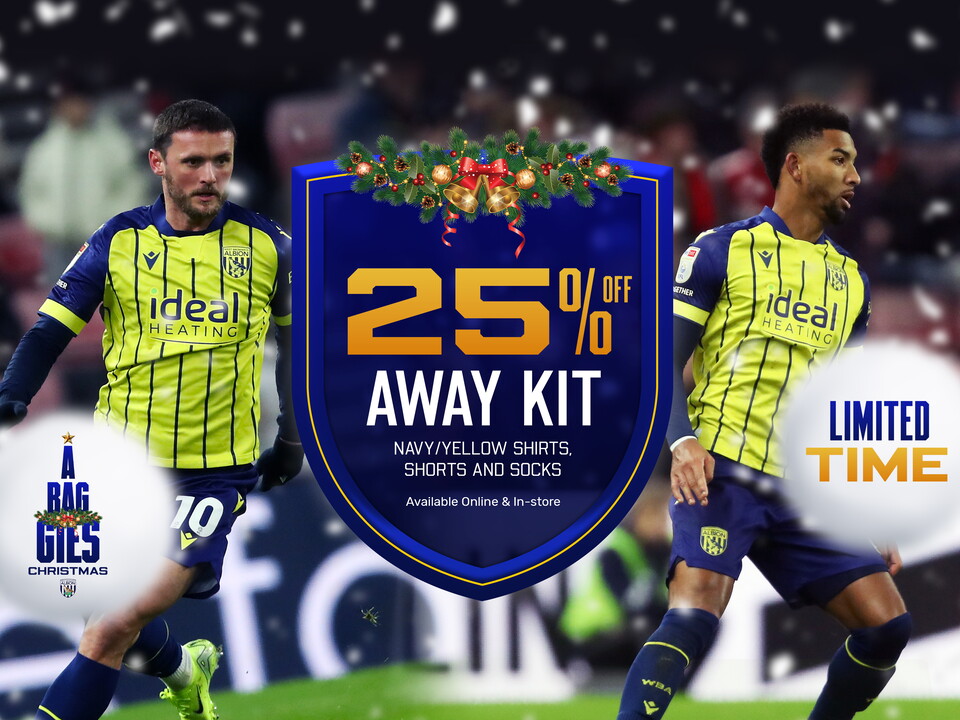 25% off Away Kit Navy and Yellow Kit Offer Extended Online and In the Club Shop. Image featuring John Swift (left) and Mason Holgate (right) in the Away Navy and Yellow Kit. 