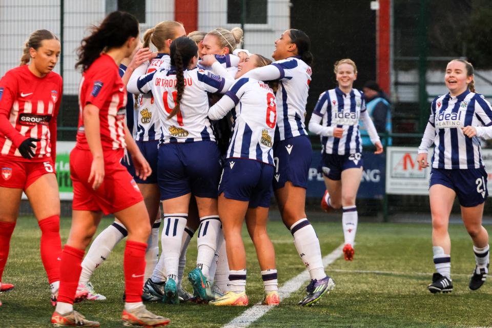 Albion Women celebrate their first goal against Cheadle Town Stingers.