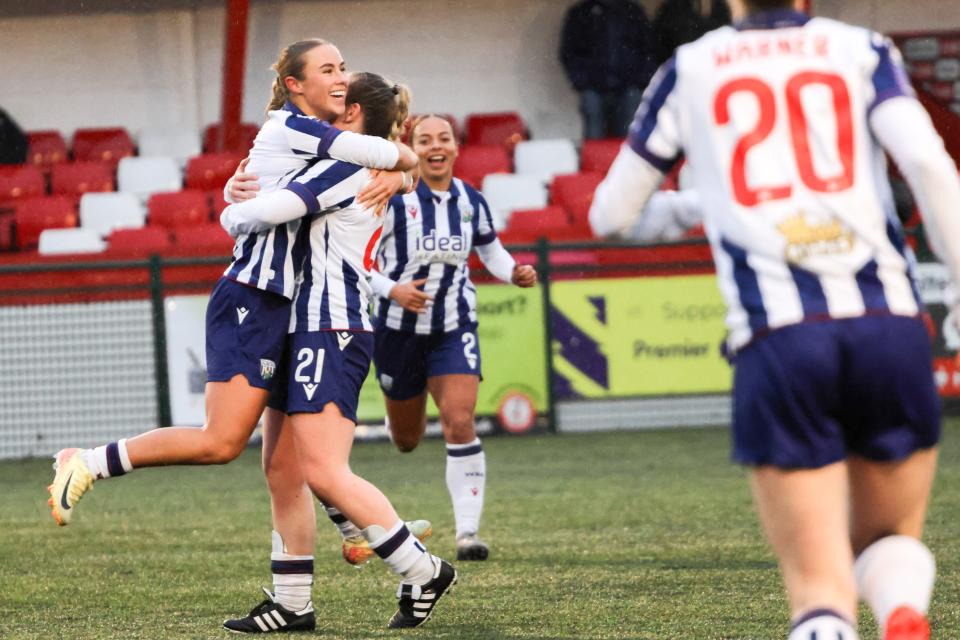 Albion Women celebrate their second goal against Cheadle Town Stingers.