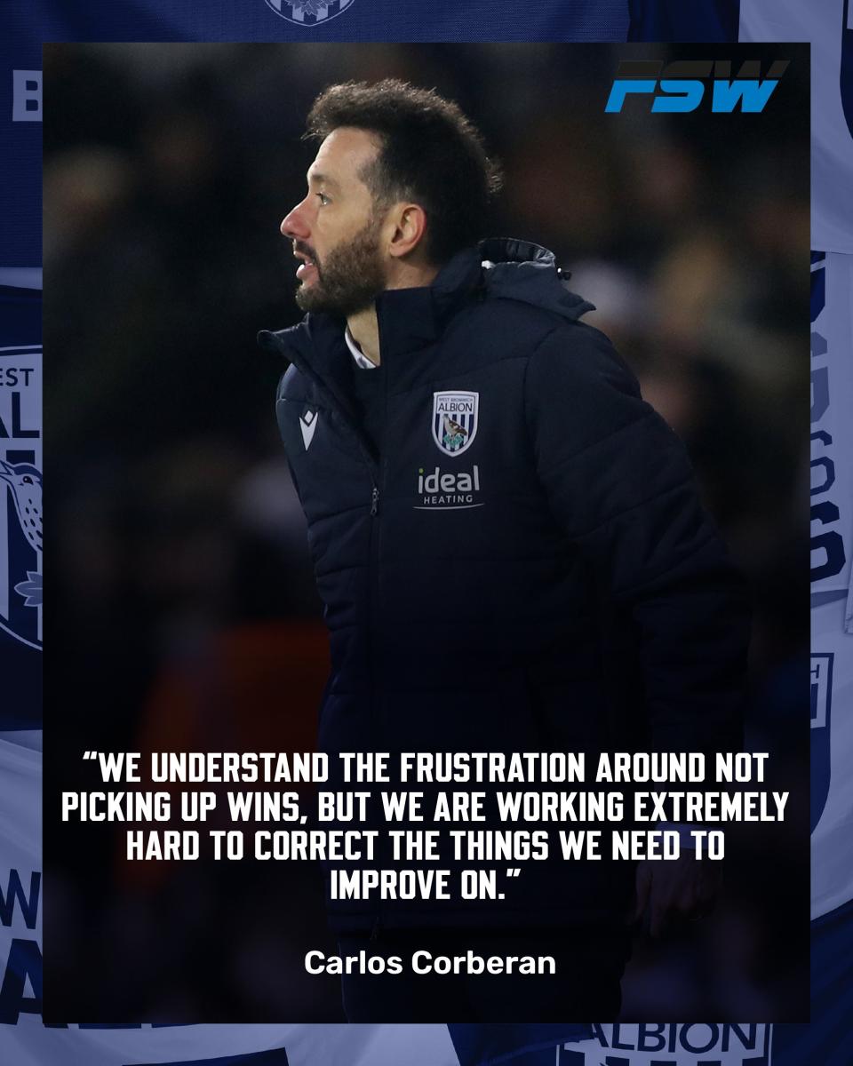 A Corberan quotes graphic where he says "we understand the frustration around not picking up wins, but we are working extremely hard to correct the things we need to improve on".