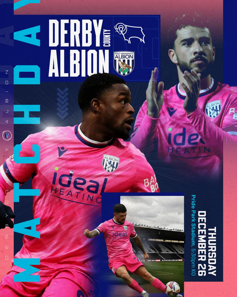 A matchday graphic featuring Josh Maja, Mikey Johnston and Alex Mowatt in the pink kit for Albion's game against Derby