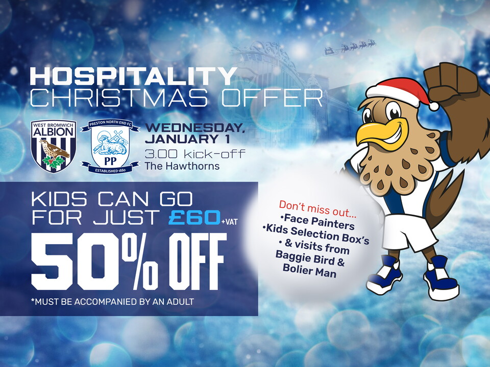 A graphic displaying a hospitality offer for Albion's game against Preston