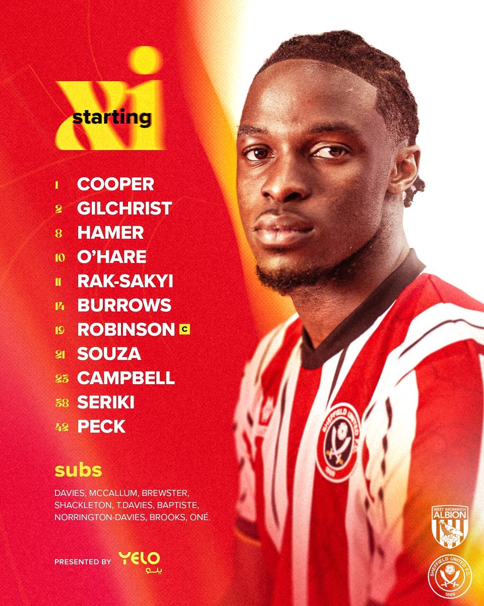 A graphic displaying Sheffield United's starting XI against Albion