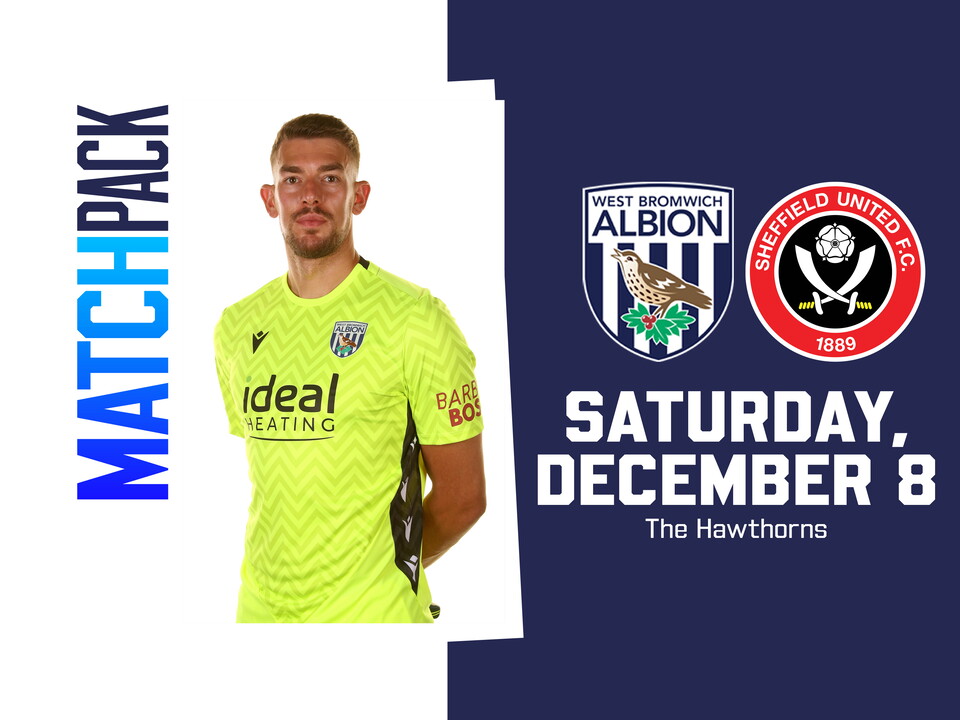 Sheffield United match pack graphic in home colours with both club badges and an image of Alex Palmer looking and smiling at the camera while wearing the yellow goalkeeper kit 