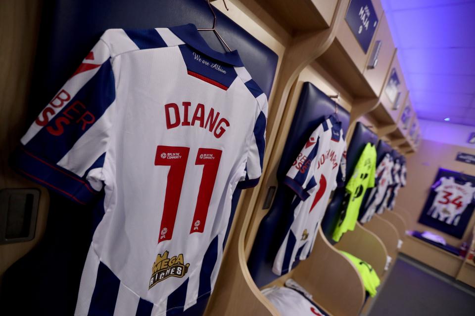 An image of Grady Diangana's shirt hanging in the home dressing room at The Hawthorns