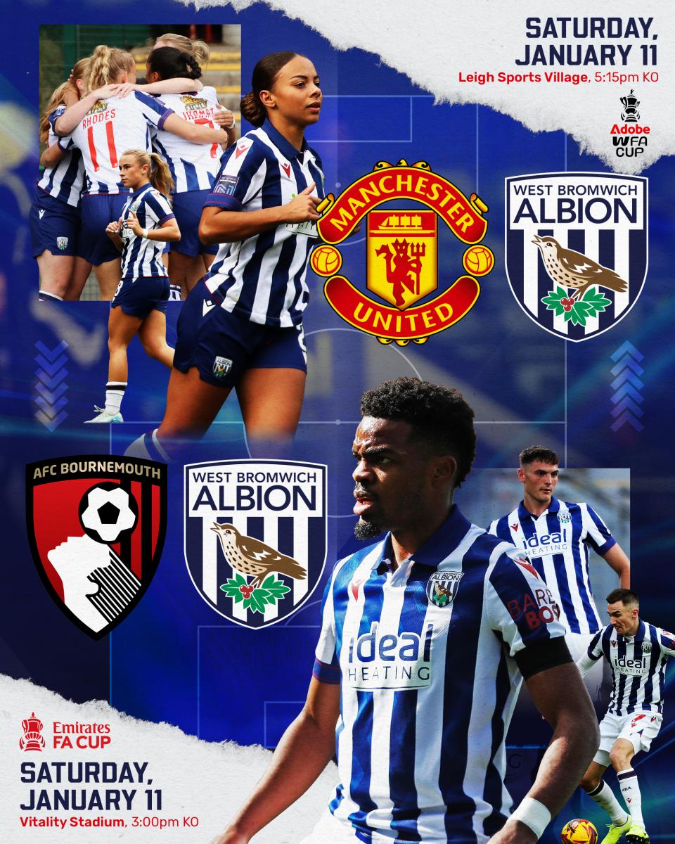 A matchday graphic displaying information for the men's FA Cup game against Bournemouth and the women's FA Cup game against Manchester United