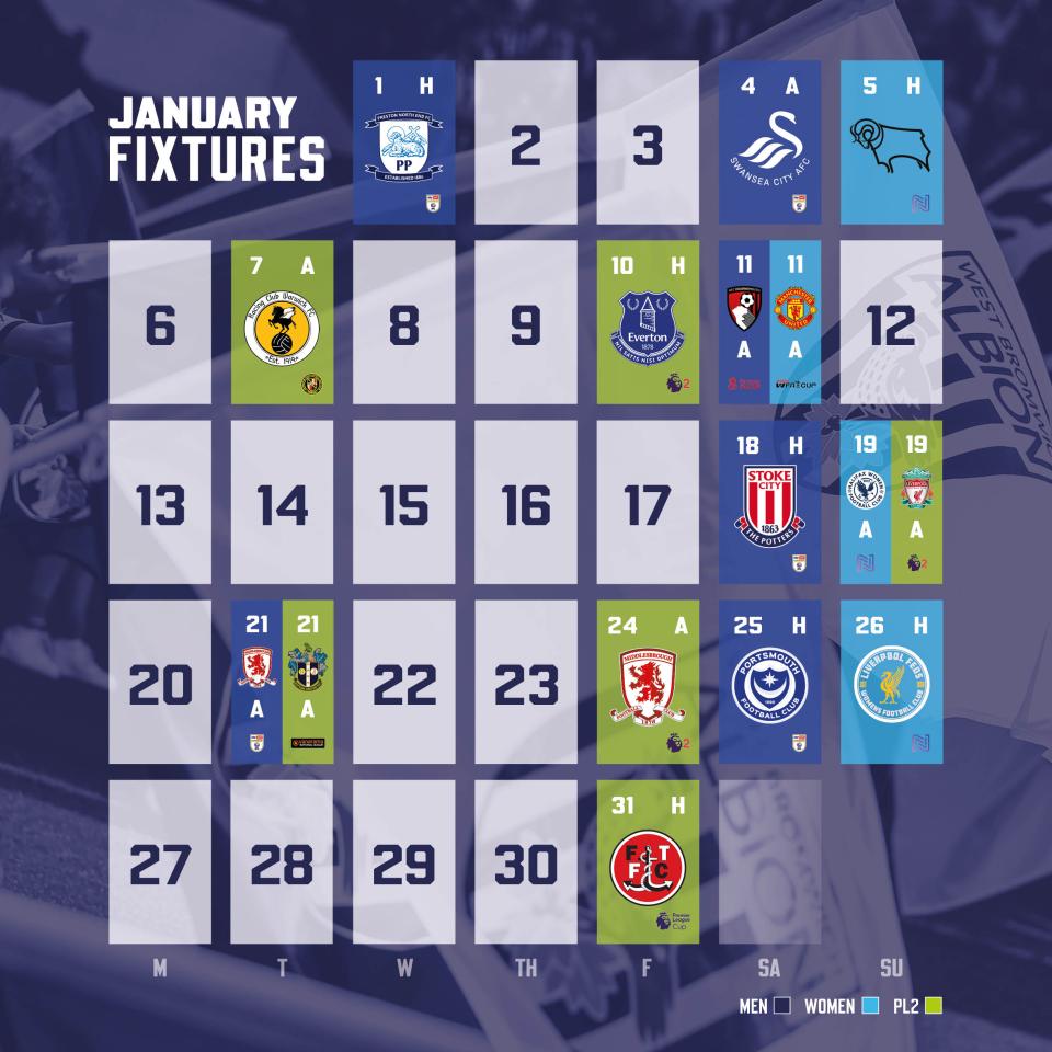 A graphic displaying Albion's fixtures for January 2025