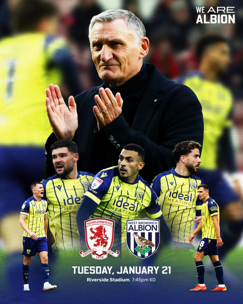 A matchday graphic for Albion's game against Middlesbrough, featuring Tony Mowbray and his players in the yellow kit