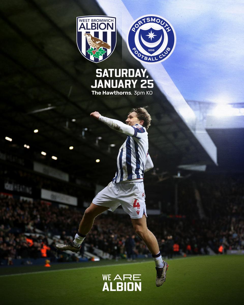 A matchday graphic for Albion's game against Portsmouth, featuring Callum Styles
