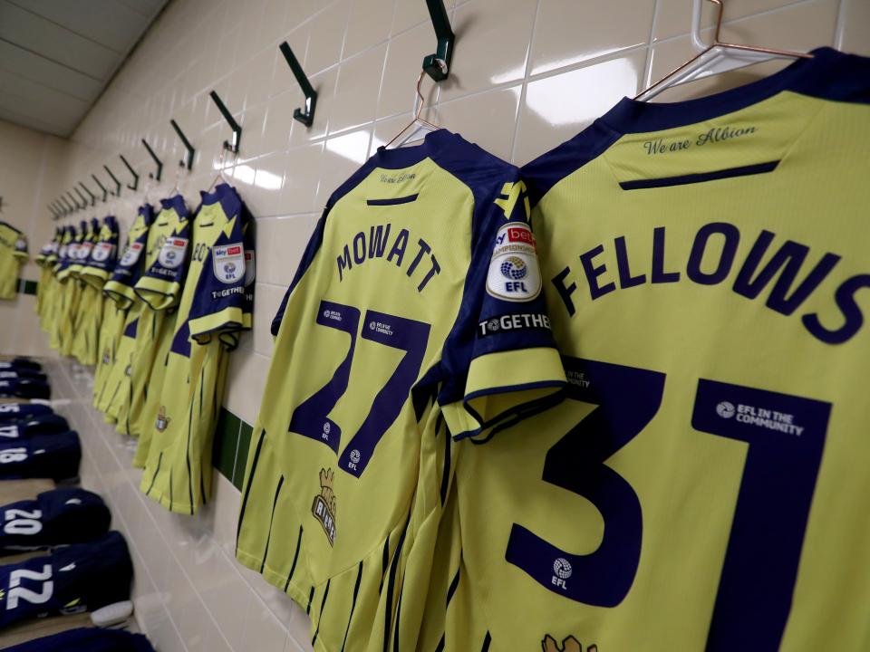 An image of Tom Fellows and Alex Mowatt's yellow shirts hanging in the dressing room