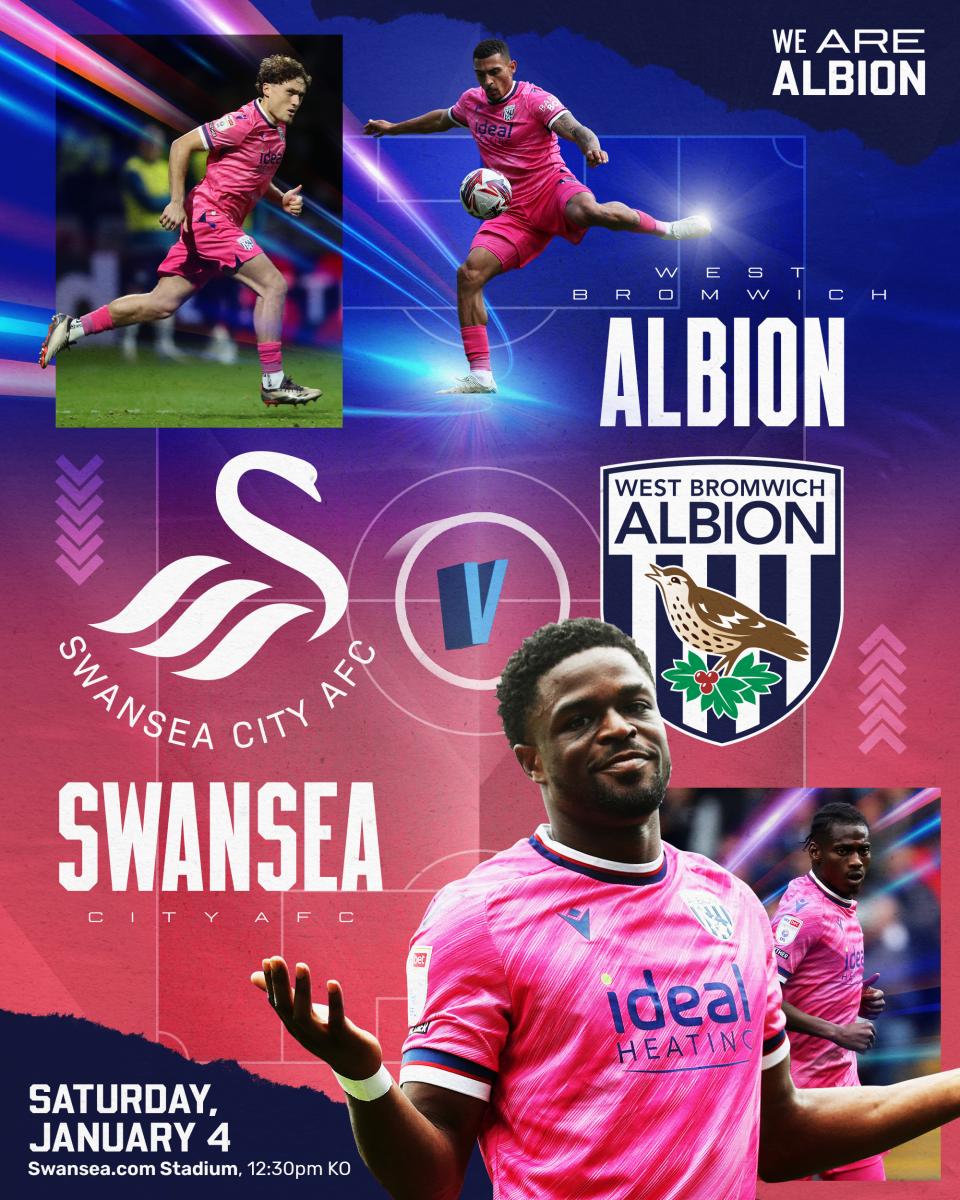 A pink matchday graphic featuring Josh Maja, Karlan Grant and others for Albion's game against Swansea