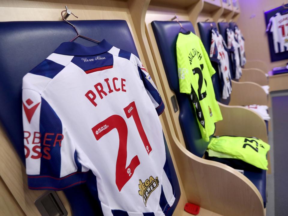 An image of Isaac Price's shirt hanging up in the home dressing room at The Hawthorns