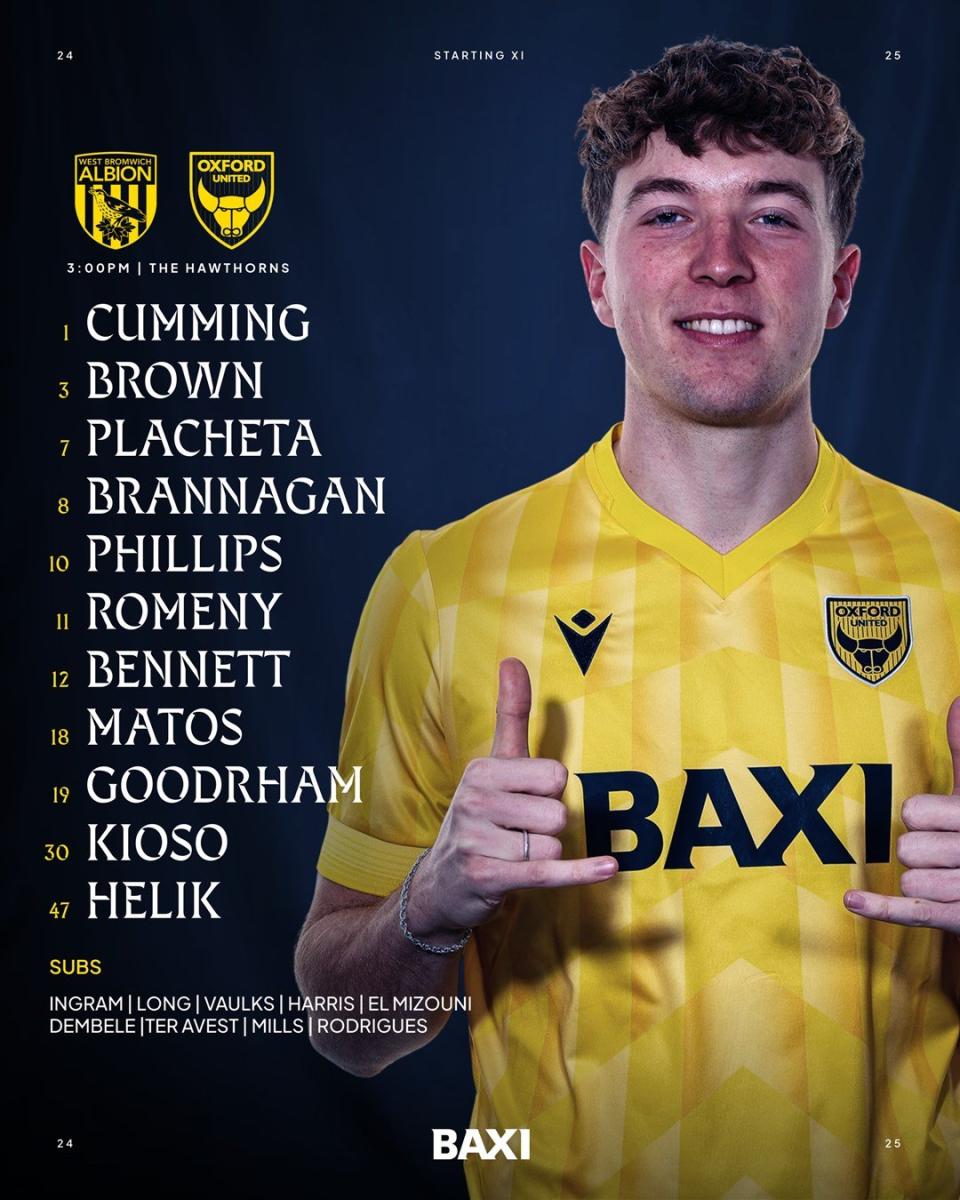A graphic displaying Oxford's starting XI against Albion